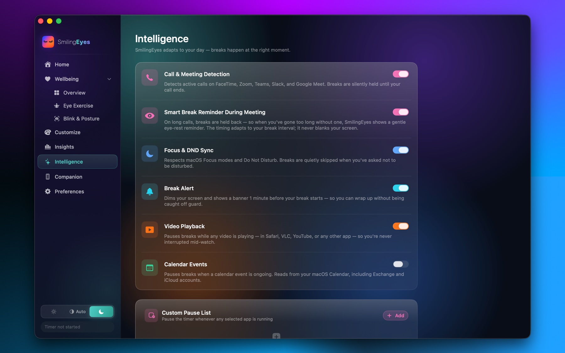 Intelligence settings listing call, video and Focus detection